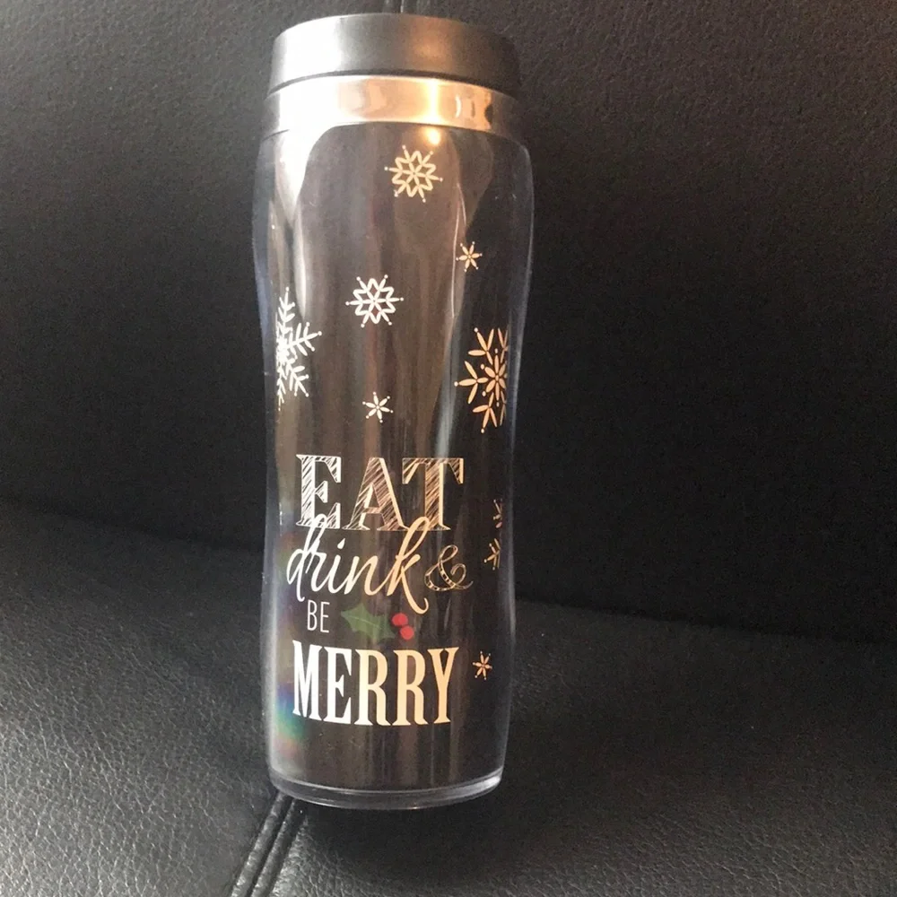Holiday Black & White Chic Travel mug “eat drink be merry” Snowflakes & Holly